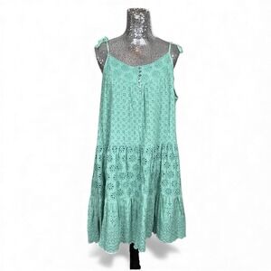 Eyelet Cottagecore Boho Sage Green Tiered Midi Dress Large Festival Summer